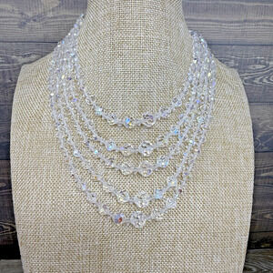 Vintage 5 Strand Aurora Borealis AB Crystal Faceted Graduated Bead Necklace
